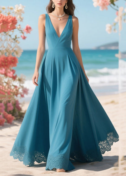 Sea Blue Patchwork Lace Party Dress Exra Large Hem Summer