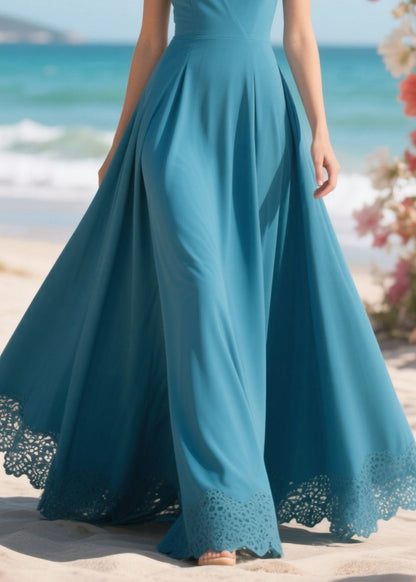 Sea Blue Patchwork Lace Party Dress Exra Large Hem Summer