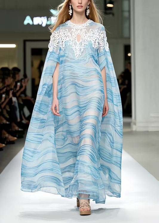 Sea Blue Striped Chiffon Beach Dresses Oversized Cloak Sleeves