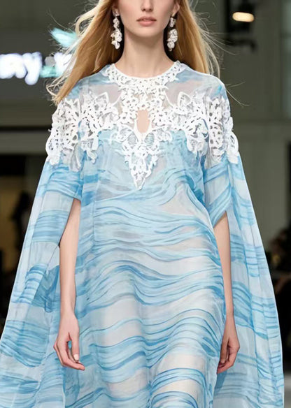 Sea Blue Striped Chiffon Beach Dresses Oversized Cloak Sleeves