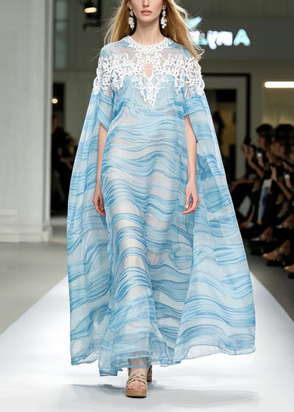 Sea Blue Striped Chiffon Beach Dresses Oversized Cloak Sleeves