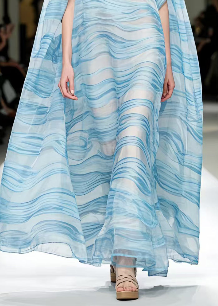 Sea Blue Striped Chiffon Beach Dresses Oversized Cloak Sleeves