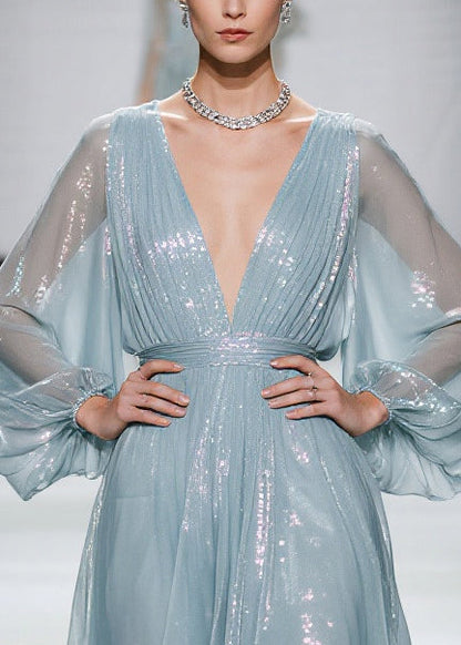 Sea Blue Tulle Mini Dresses Sequins Sheer Summer