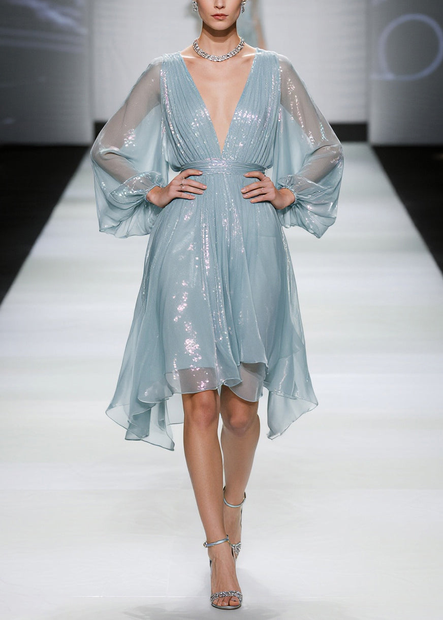 Sea Blue Tulle Mini Dresses Sequins Sheer Summer