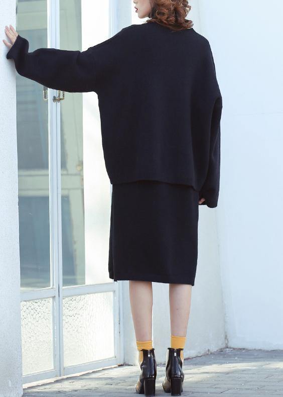 Set female 2019 large size turtleneck sweater suit skirt black two-piece long paragraph over the knee - SooLinen