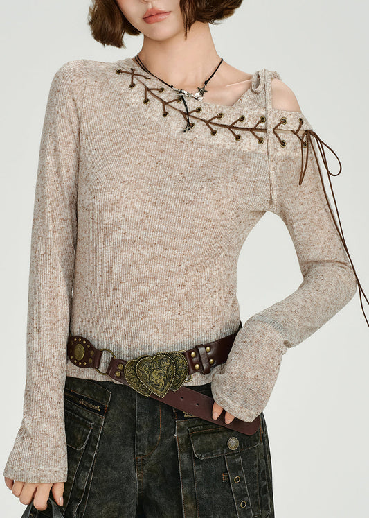 Sexy Apricot Asymmetrical Tie Lace Cotton Knit Sweaters Top Fall