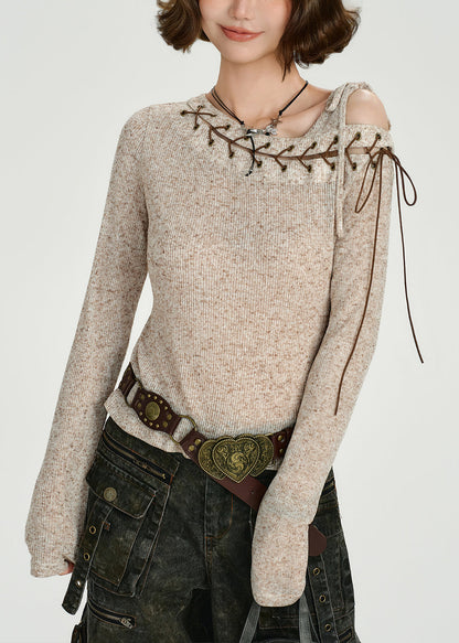 Sexy Apricot Asymmetrical Tie Lace Cotton Knit Sweaters Top Fall