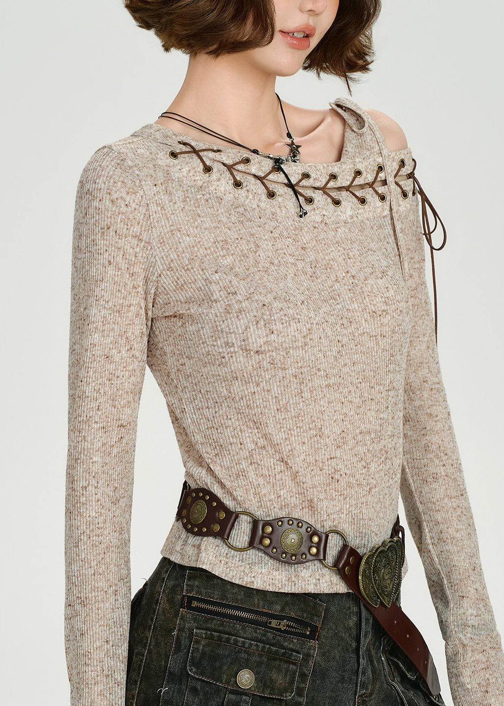 Sexy Apricot Asymmetrical Tie Lace Cotton Knit Sweaters Top Fall