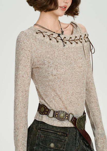 Sexy Apricot Asymmetrical Tie Lace Cotton Knit Sweaters Top Fall