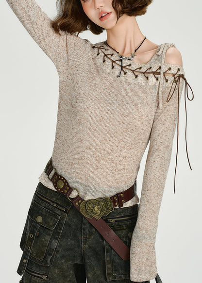 Sexy Apricot Asymmetrical Tie Lace Cotton Knit Sweaters Top Fall