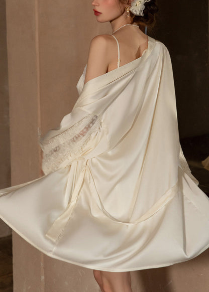 Sexy Apricot Backless Patchwork Lace Tulle Slips And Robe Two Piece Set