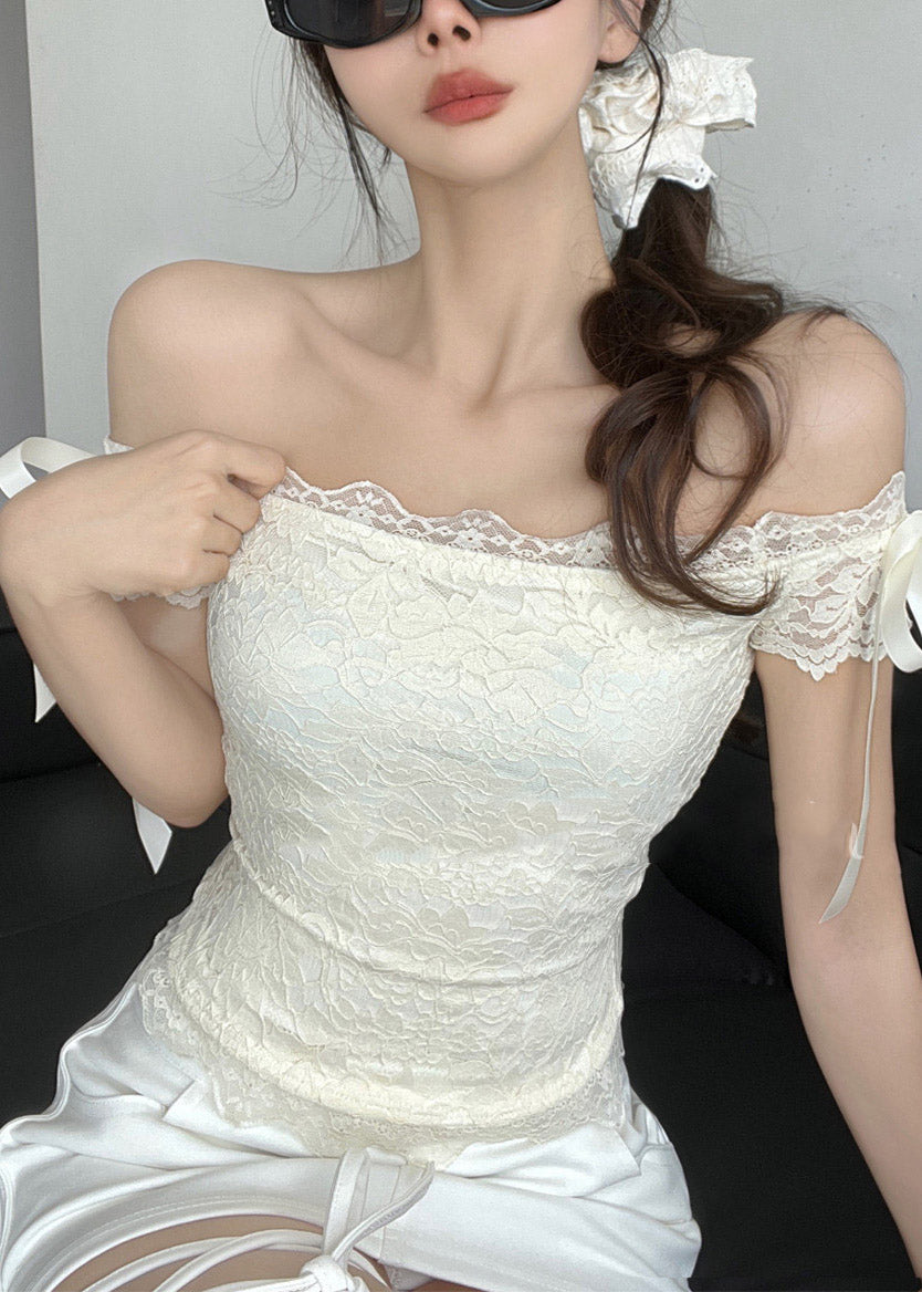 Sexy Apricot Slash Neck Lace Tops Short Sleeve