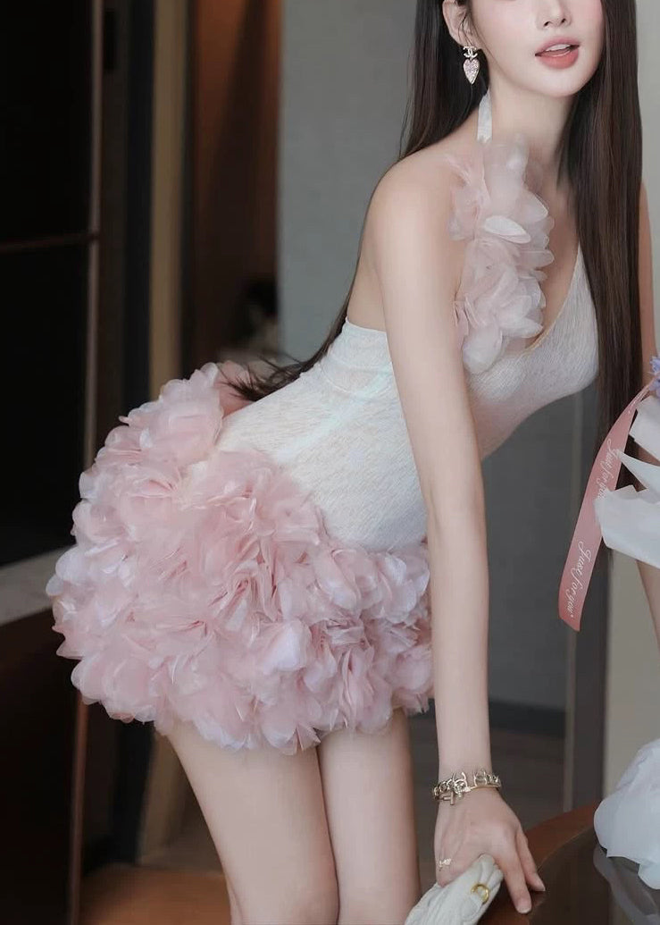 Sexy Backless Floral Tulle Patchwork Two Pieces Set Sleeveless