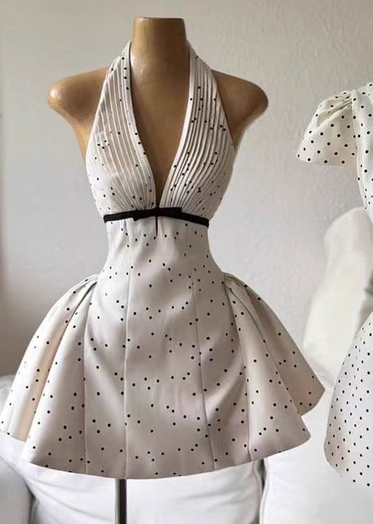 Vestido mini sexy de algodón con lunares, sin mangas, con escote en V y espalda descubierta en beige