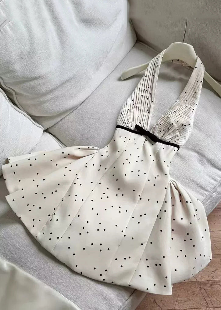 Vestido mini sexy de algodón con lunares, sin mangas, con escote en V y espalda descubierta en beige