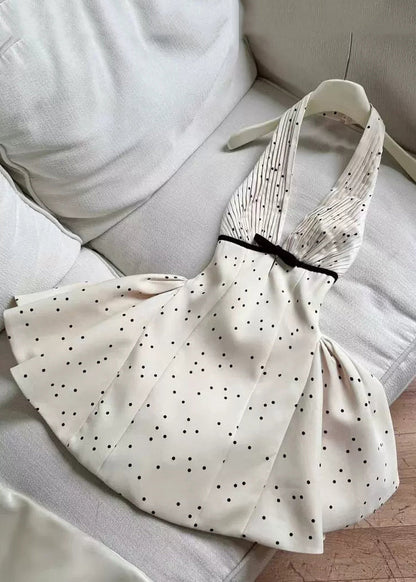 Vestido mini sexy de algodón con lunares, sin mangas, con escote en V y espalda descubierta en beige