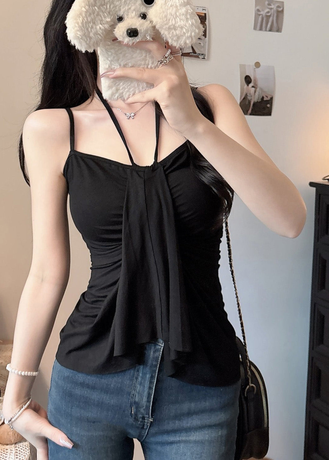 Sexy Black Asymmetrical Cotton Halter Vest Summer