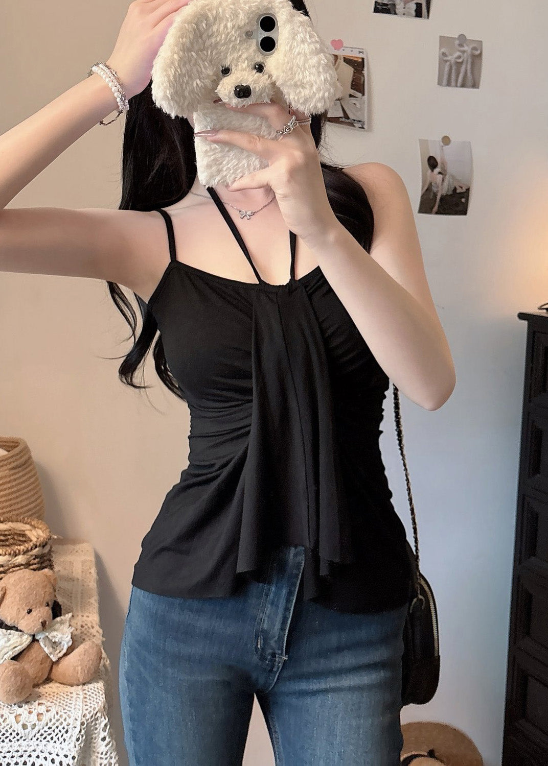 Sexy Black Asymmetrical Cotton Halter Vest Summer