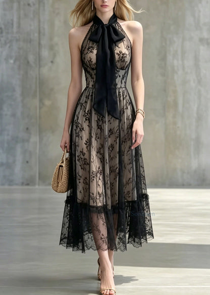 Sexy Black Bow Patchwork Lace Long Dresses Sleeveless