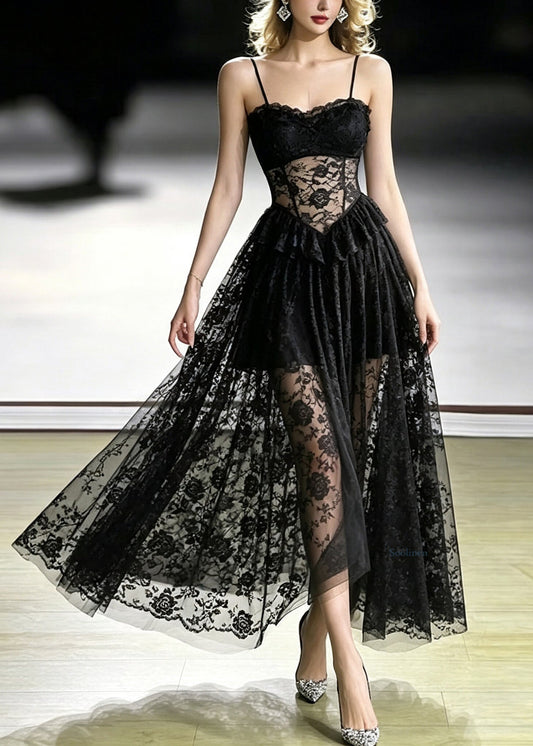 Sexy Black Flattering Sheer Long Spaghetti Strap Dresses Summer