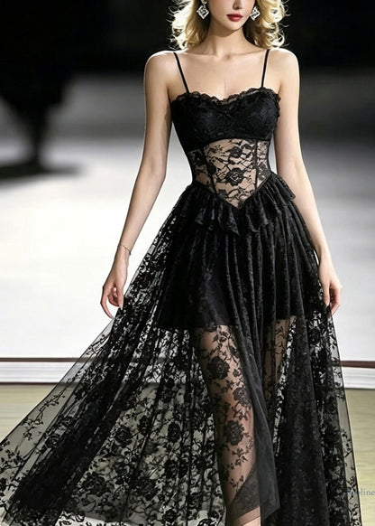 Sexy Black Flattering Sheer Long Spaghetti Strap Dresses Summer