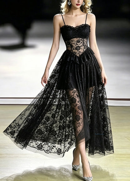 Sexy Black Flattering Sheer Long Spaghetti Strap Dresses Summer