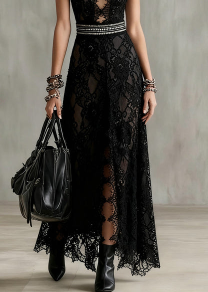 Sexy Black Hollow Out Side Open Lace Long Dresses Sleeveless
