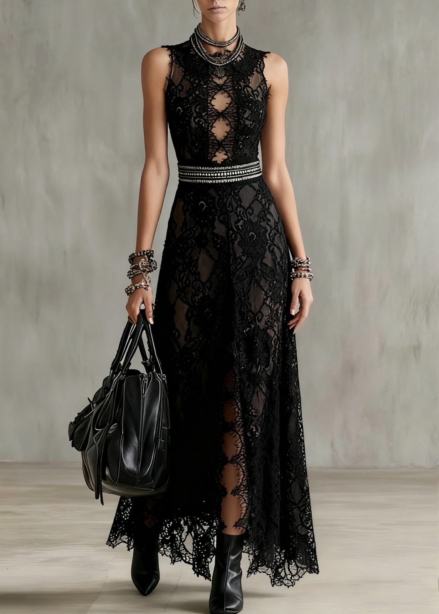 Sexy Black Hollow Out Side Open Lace Long Dresses Sleeveless