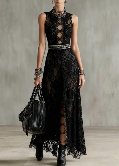 Sexy Black Hollow Out Side Open Lace Long Dresses Sleeveless