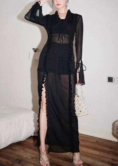 Sexy Black Lace Up Side Open Chiffon Long Dress Flare Sleeve