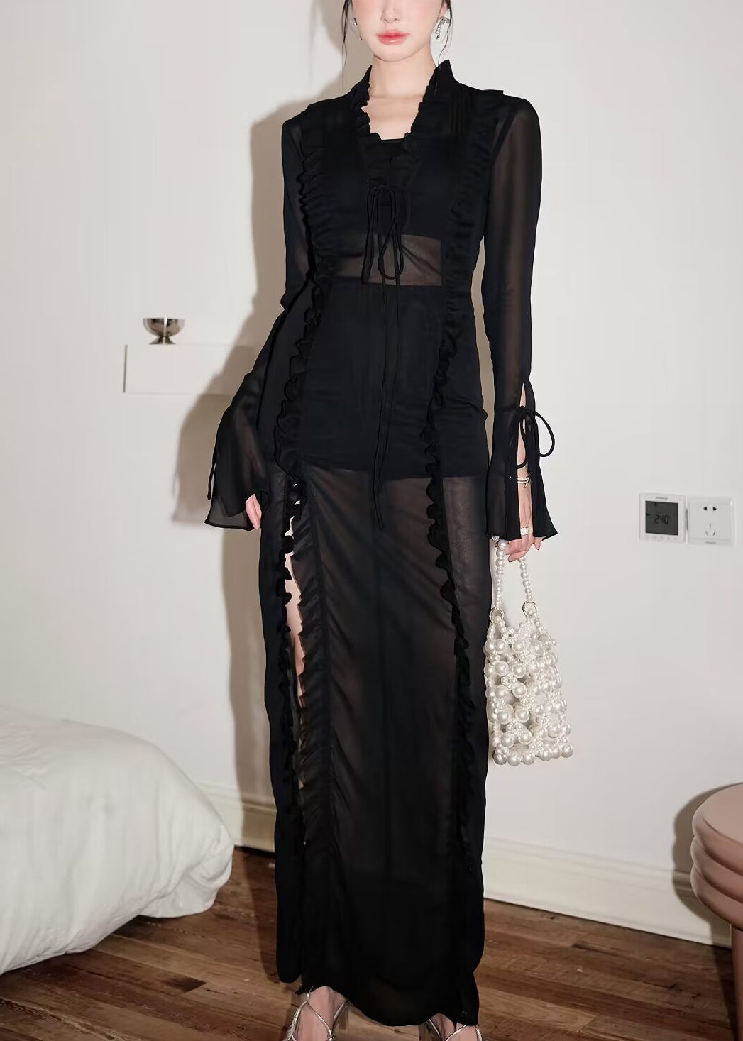 Sexy Black Lace Up Side Open Chiffon Long Dress Flare Sleeve