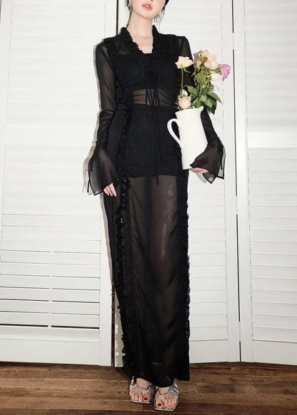 Sexy Black Lace Up Side Open Chiffon Long Dress Flare Sleeve