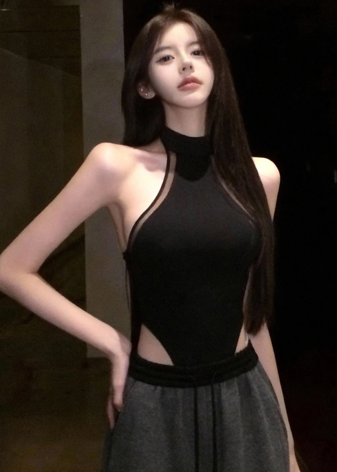 Sexy Black Patchwork Tulle T Shirt Top Sleeveless