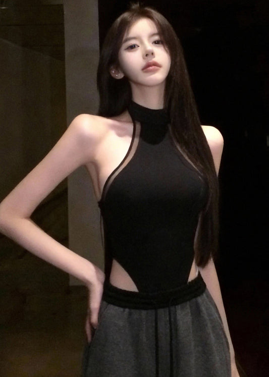 Sexy Black Patchwork Tulle T Shirt Top Sleeveless