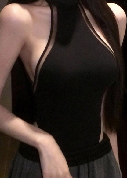 Sexy Black Patchwork Tulle T Shirt Top Sleeveless