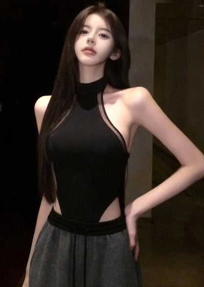 Sexy Black Patchwork Tulle T Shirt Top Sleeveless