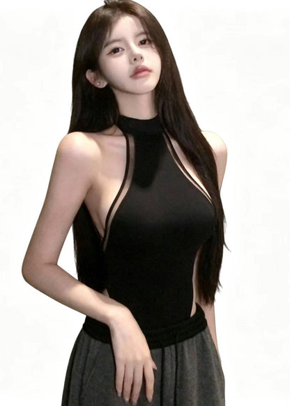 Sexy Black Patchwork Tulle T Shirt Top Sleeveless