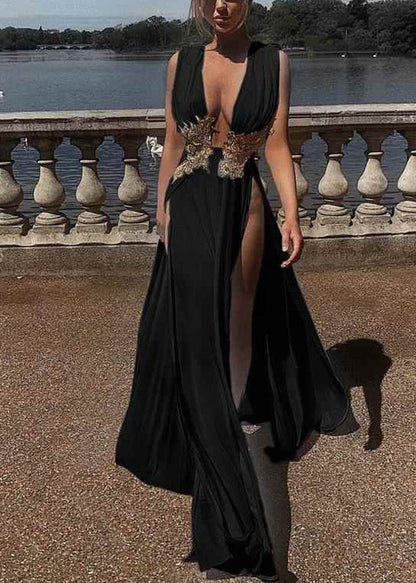 Sexy Black Side Open Exra Large Hem Evening  Dresses Summer