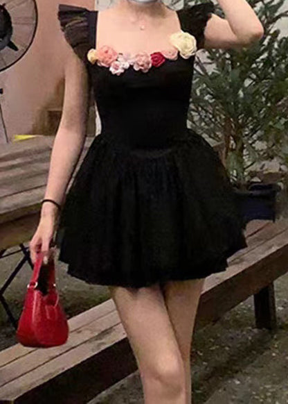 Sexy Schwarzes Midikleid aus massiver Baumwolle mit quadratischem Kragen für den Sommer