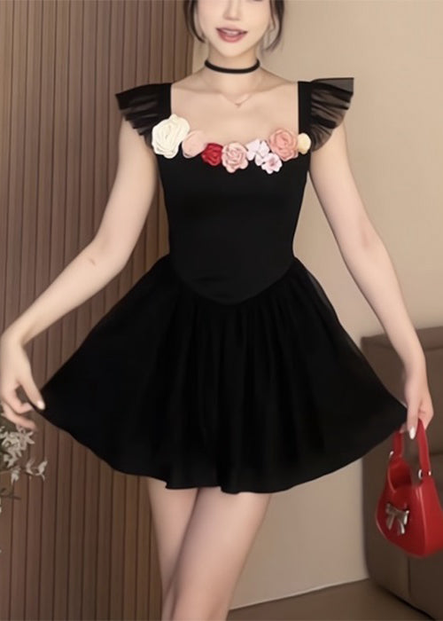 Sexy Schwarzes Midikleid aus massiver Baumwolle mit quadratischem Kragen für den Sommer