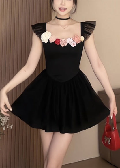 Sexy Schwarzes Midikleid aus massiver Baumwolle mit quadratischem Kragen für den Sommer