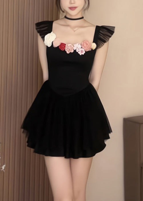 Sexy Schwarzes Midikleid aus massiver Baumwolle mit quadratischem Kragen für den Sommer