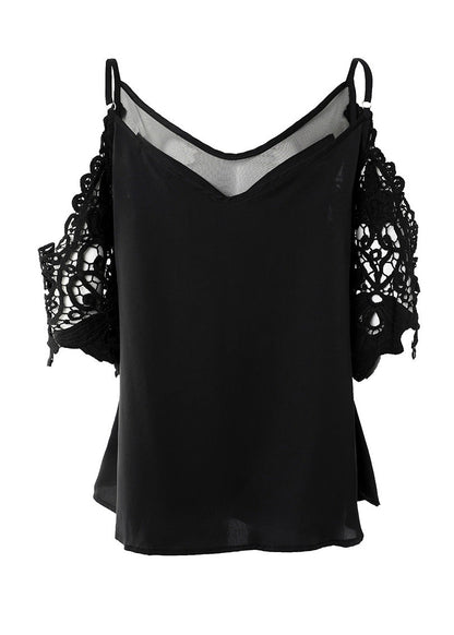 Sexy Black V Neck Cold Shoulder Cotton Top Summer