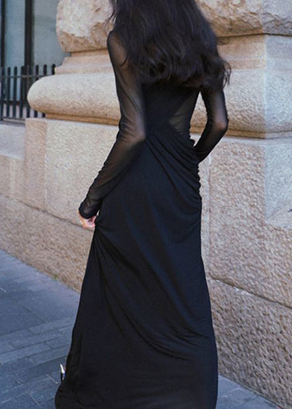 Sexy Black Wrinkled Perspective Tulle Long Dress Fall