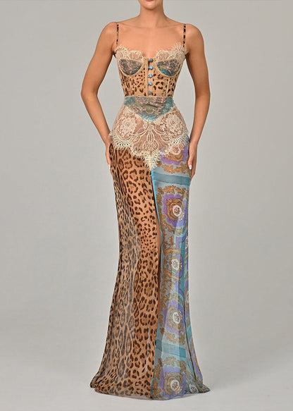 Sexy Blue Leopard Lace Patchwork Chiffon Spaghetti Strap Dress Sleeveless