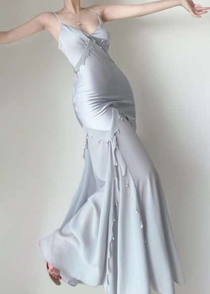 Sexy Blau Nagel Perlen Chiffon Patchwork Spaghetti Träger Kleid Ärmellos
