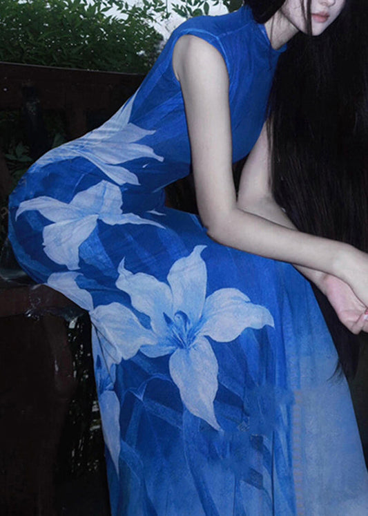 Sexy blaues Maxikleid aus bedrucktem Tüll mit Rundhalsausschnitt, ärmellos