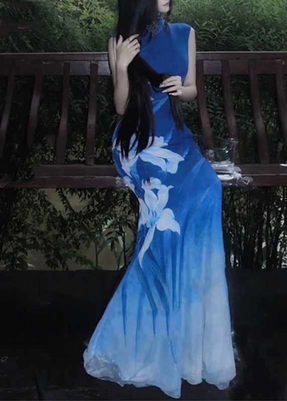 Vestidos largos sexis de tul con cuello redondo y estampado azul sin mangas