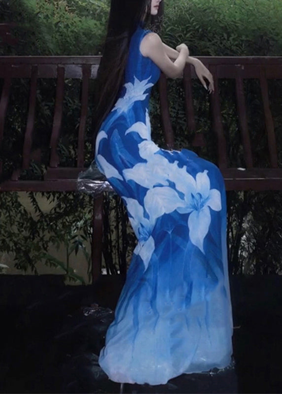 Vestidos largos sexis de tul con cuello redondo y estampado azul sin mangas