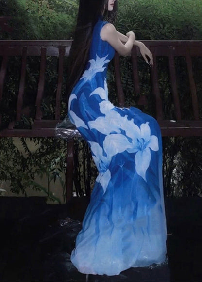 Vestidos largos sexis de tul con cuello redondo y estampado azul sin mangas